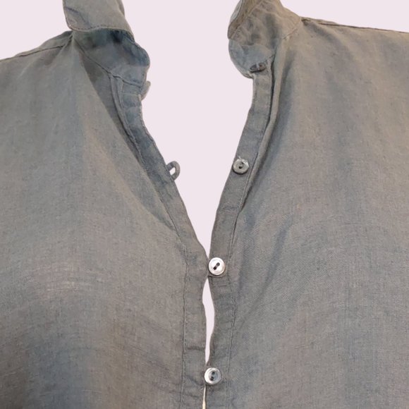 Eileen Fisher Blue Linen Tunic Top with Button Down Collar and Long Sleeves - Picture 4 of 6